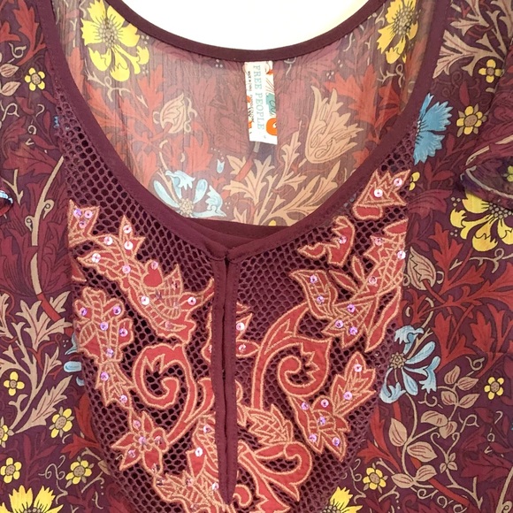 Free People Sheer Tunic Dress Floral 4 Small Flutter sleeve Festival Feminine - Picture 3 of 9